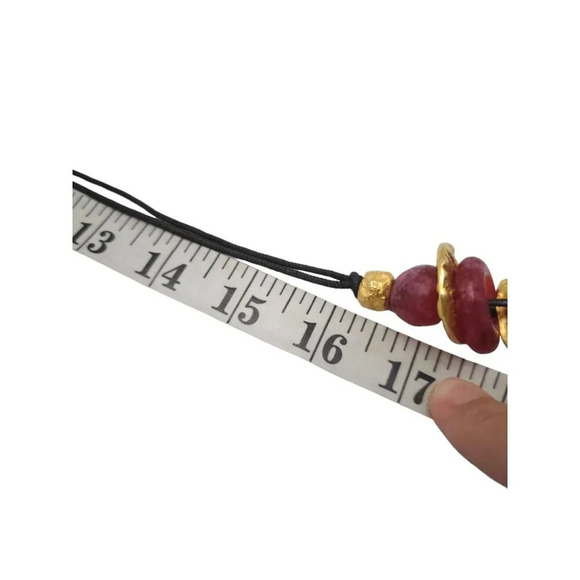 Handcrafted Artisan Matte Gold Red Beaded Pendant Necklace With Black Cord - Picture 5 of 5